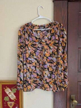 Zac & Rachel Woman Floral Chiffon V-Neck‎ Blouse Women's XL Long Sleeve Button